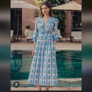 NWT Pink City Prints Indigo Border Melanie Block Print Smock Waist Dress Medium